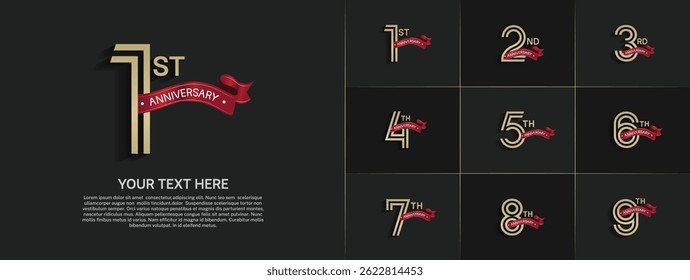 Anniversary logo set with double line number style. gold color with red ribbon can be use for special moment