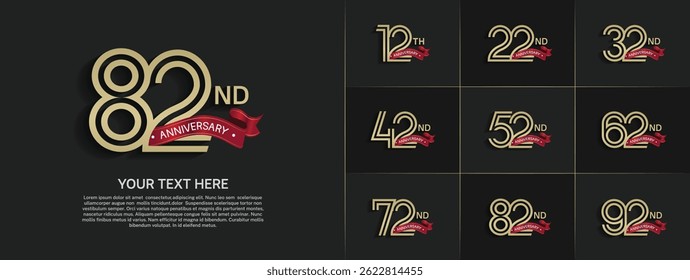 Anniversary logo set with double line number style. gold color with red ribbon can be use for special moment