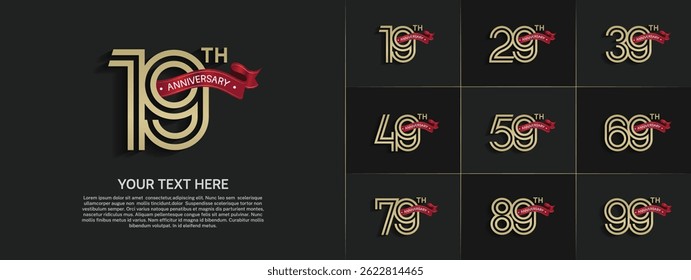 Anniversary logo set with double line number style. gold color with red ribbon can be use for special moment