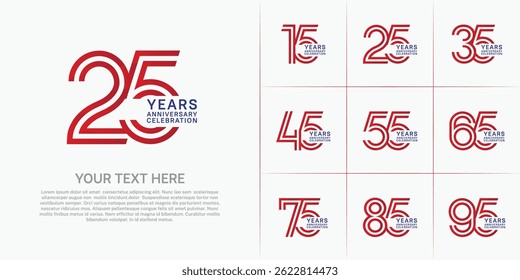 Anniversary logo set with double line number style. red and blue color can be use for special moment