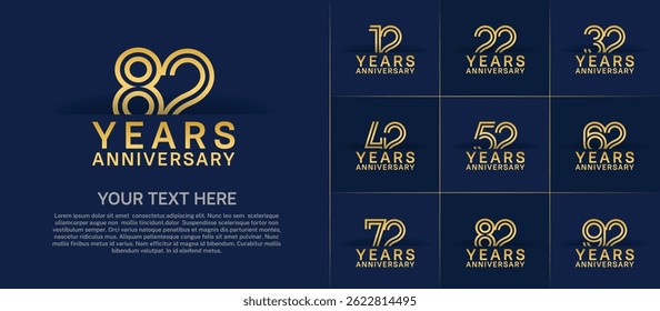 Anniversary logo set with double line number style. golden color can be use for special moment