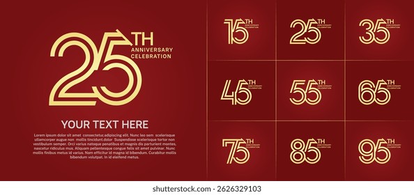 Anniversary logo set with double line number style. golden color with slash can be use for special moment