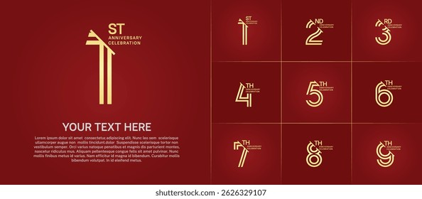 Anniversary logo set with double line number style. golden color with slash can be use for special moment