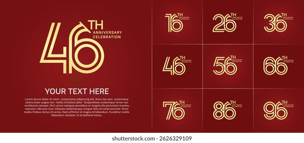 Anniversary logo set with double line number style. golden color with slash can be use for special moment