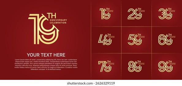 Anniversary logo set with double line number style. golden color with slash can be use for special moment