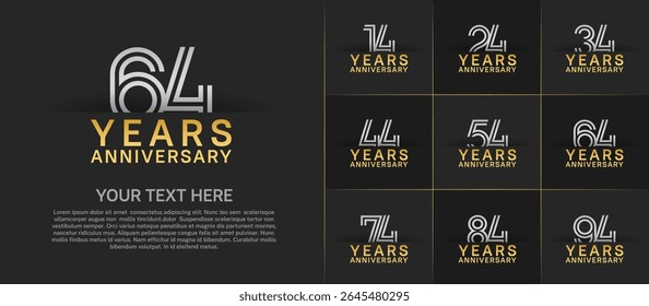Anniversary logo set with double line number style. golden and silver color can be use for special moment