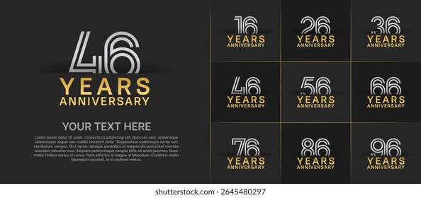 Anniversary logo set with double line number style. golden and silver color can be use for special moment
