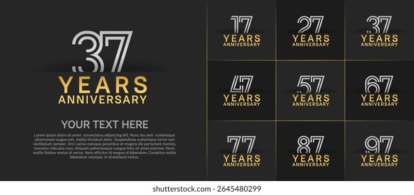 Anniversary logo set with double line number style. golden and silver color can be use for special moment