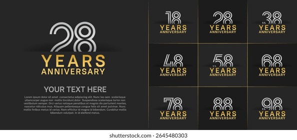 Anniversary logo set with double line number style. golden and silver color can be use for special moment