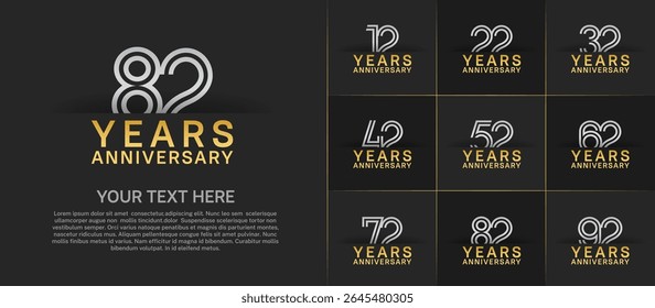 Anniversary logo set with double line number style. golden and silver color can be use for special moment