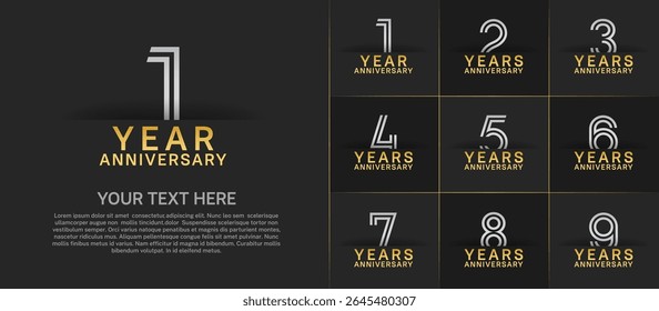 Anniversary logo set with double line number style. golden and silver color can be use for special moment