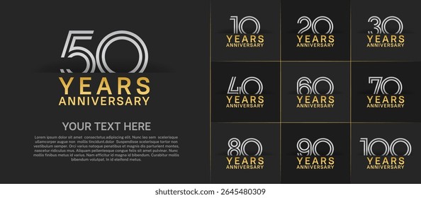 Anniversary logo set with double line number style. golden and silver color can be use for special moment