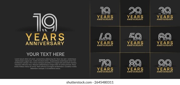 Anniversary logo set with double line number style. golden and silver color can be use for special moment