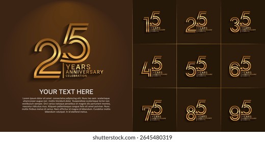 Anniversary logo set with double line number style. golden color can be use for special moment