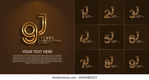 Anniversary logo set with double line number style. golden color can be use for special moment