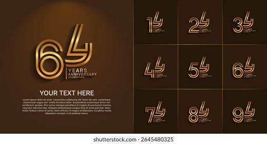 Anniversary logo set with double line number style. golden color can be use for special moment