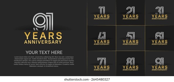 Anniversary logo set with double line number style. golden and silver color can be use for special moment