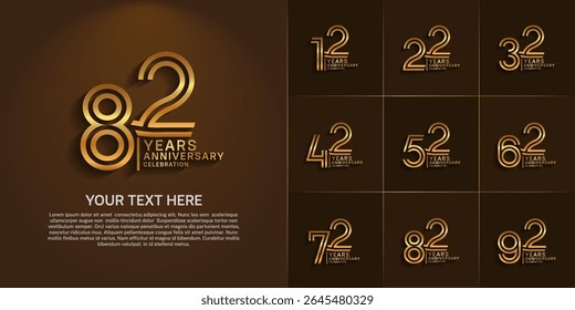 Anniversary logo set with double line number style. golden color can be use for special moment