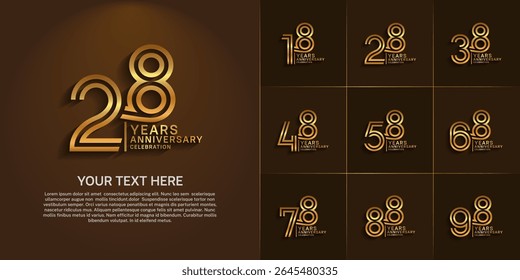 Anniversary logo set with double line number style. golden color can be use for special moment