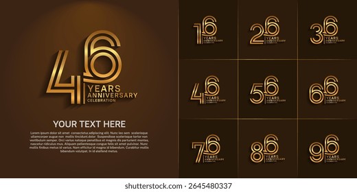 Anniversary logo set with double line number style. golden color can be use for special moment