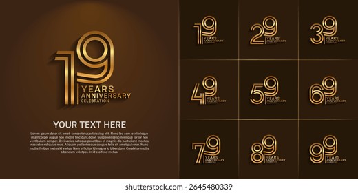 Anniversary logo set with double line number style. golden color can be use for special moment