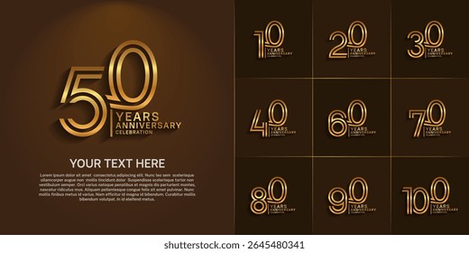 Anniversary logo set with double line number style. golden color can be use for special moment