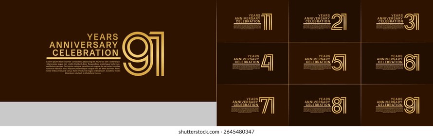 Anniversary logo set with double line number style. gold color can be use for special moment