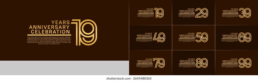 Anniversary logo set with double line number style. gold color can be use for special moment