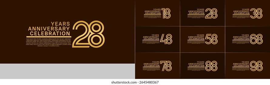 Anniversary logo set with double line number style. gold color can be use for special moment