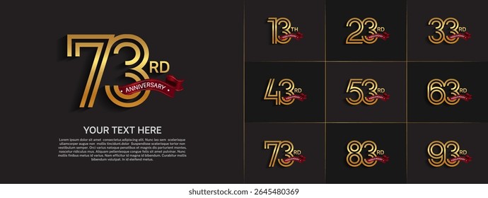 Anniversary logo set with double line number style. gold color with red ribbon can be use for special moment