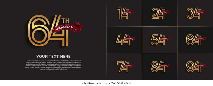 Anniversary logo set with double line number style. gold color with red ribbon can be use for special moment