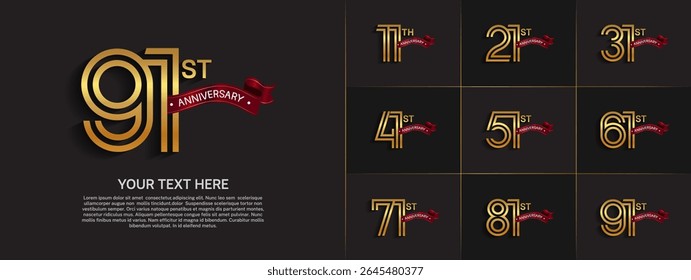 Anniversary logo set with double line number style. gold color with red ribbon can be use for special moment
