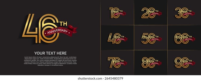 Anniversary logo set with double line number style. gold color with red ribbon can be use for special moment