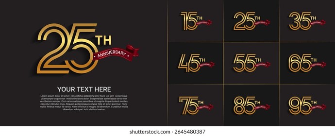 Anniversary logo set with double line number style. gold color with red ribbon can be use for special moment