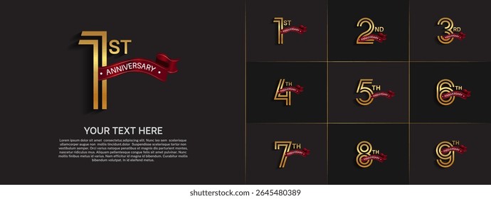 Anniversary logo set with double line number style. gold color with red ribbon can be use for special moment