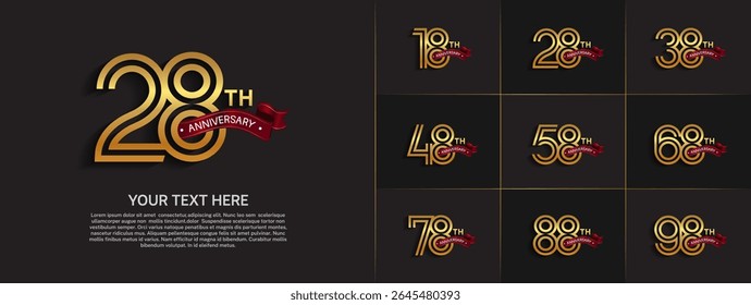 Anniversary logo set with double line number style. gold color with red ribbon can be use for special moment