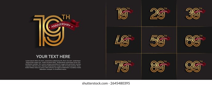 Anniversary logo set with double line number style. gold color with red ribbon can be use for special moment