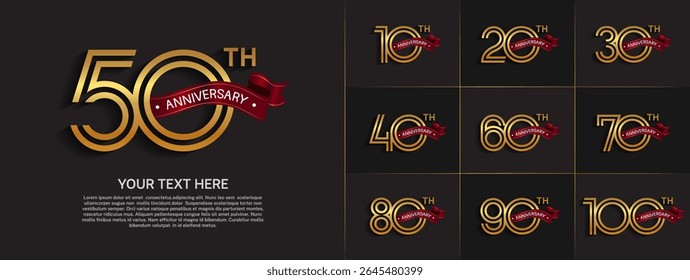 Anniversary logo set with double line number style. gold color with red ribbon can be use for special moment