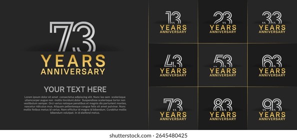 Anniversary logo set with double line number style. golden and silver color can be use for special moment
