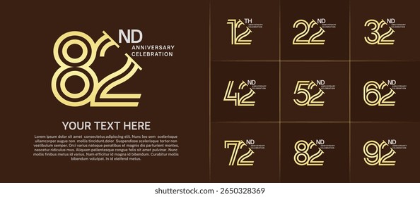 Anniversary logo set with double line number style. golden and silver color with slash can be use for special moment