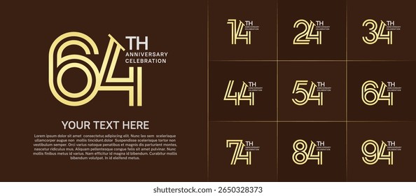 Anniversary logo set with double line number style. golden and silver color with slash can be use for special moment