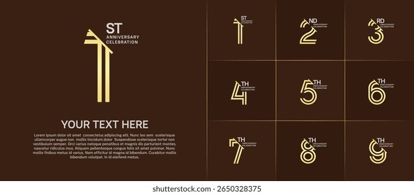 Anniversary logo set with double line number style. golden and silver color with slash can be use for special moment