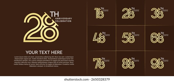 Anniversary logo set with double line number style. golden and silver color with slash can be use for special moment