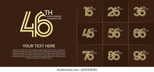 Anniversary logo set with double line number style. golden and silver color with slash can be use for special moment