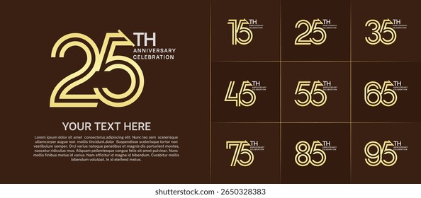 Anniversary logo set with double line number style. golden and silver color with slash can be use for special moment