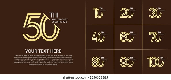 Anniversary logo set with double line number style. golden and silver color with slash can be use for special moment