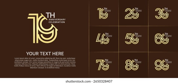 Anniversary logo set with double line number style. golden and silver color with slash can be use for special moment