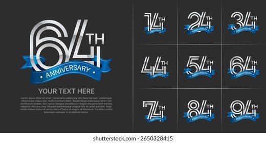 Anniversary logo set with double line number style. silver color with blue ribbon can be use for special moment