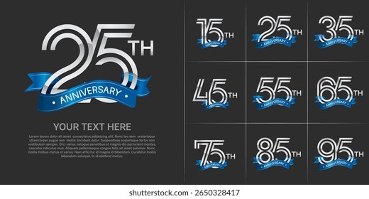 Anniversary logo set with double line number style. silver color with blue ribbon can be use for special moment