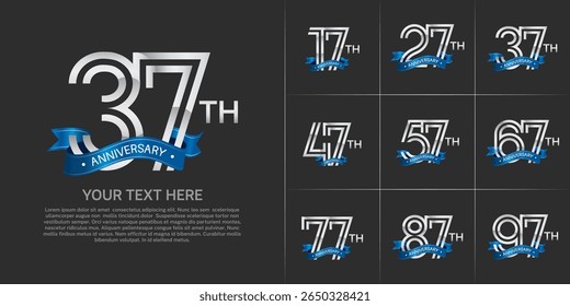 Anniversary logo set with double line number style. silver color with blue ribbon can be use for special moment